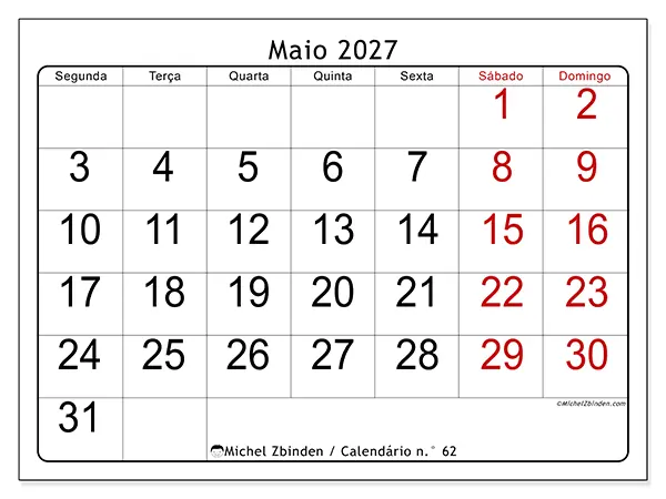 Calendário de maio de 2027 para imprimir - Leitura rápida