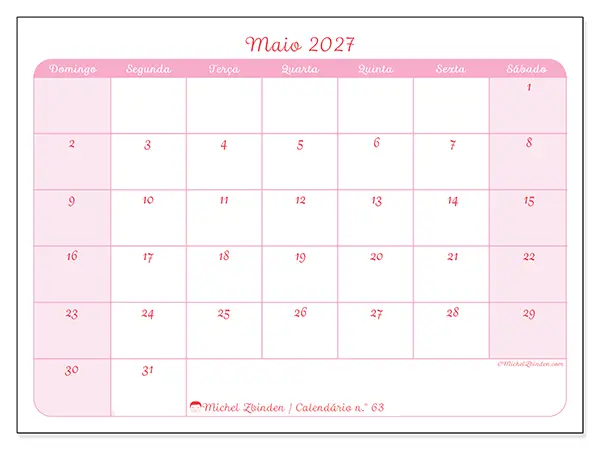 Calendário de maio de 2027 para imprimir - Organização suave - Semana de domingo a sábado