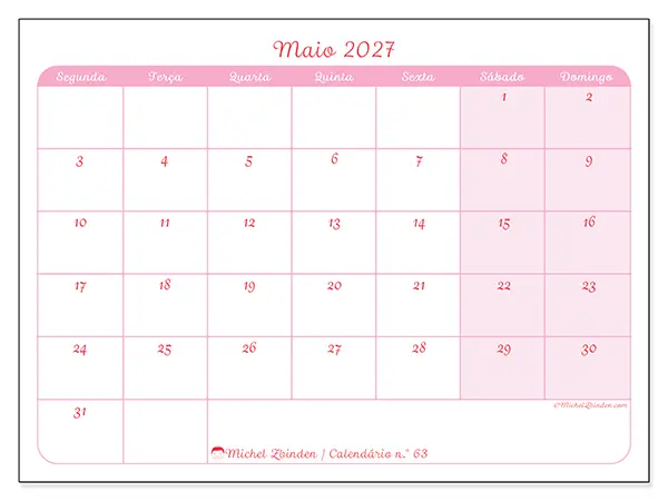 Calendário de maio de 2027 para imprimir - Organização suave