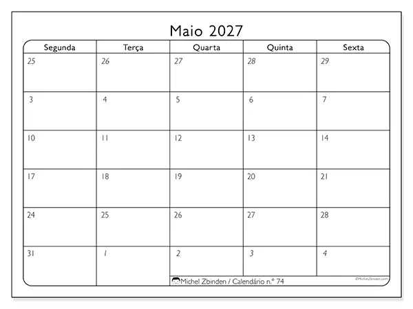 Calendário de maio de 2027 para imprimir - Organização do trabalho
