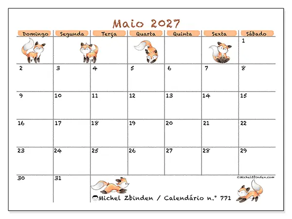 Calendário de maio de 2027 para imprimir - Desenhos de raposas - Semana de domingo a sábado