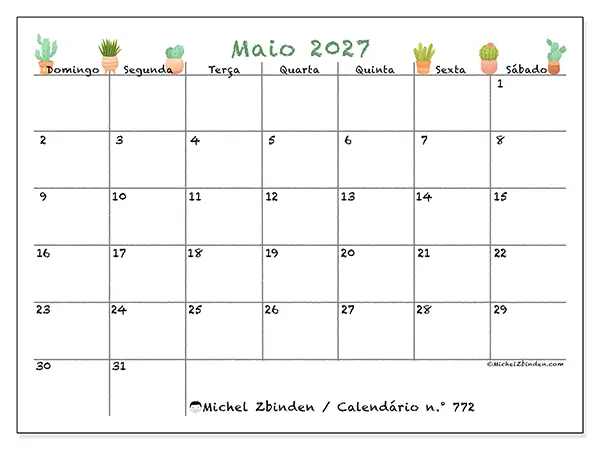 Calendário de maio de 2027 para imprimir - Cactos decorativos - Semana de domingo a sábado