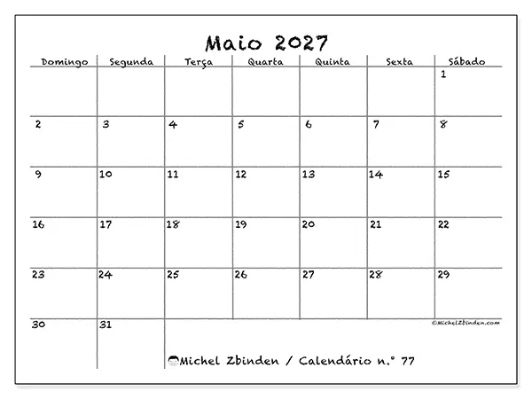 Calendário de maio de 2027 para imprimir - Escola e família - Semana de domingo a sábado