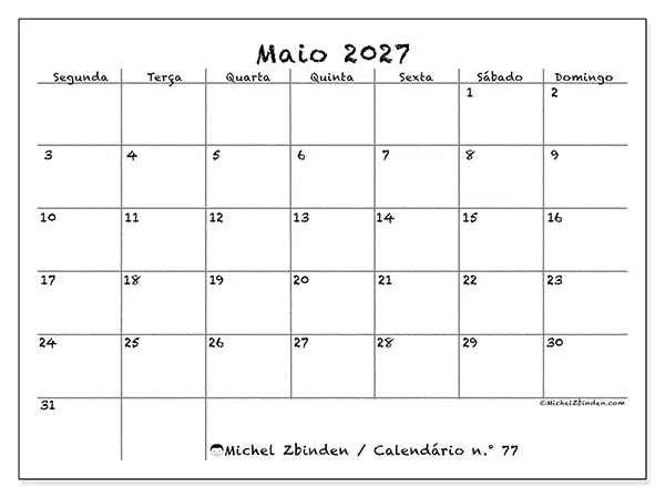 Calendário de maio de 2027 para imprimir - Escola e família