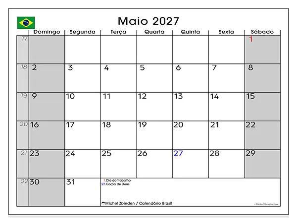 Calendário de maio de 2027 para imprimir - Brasil
