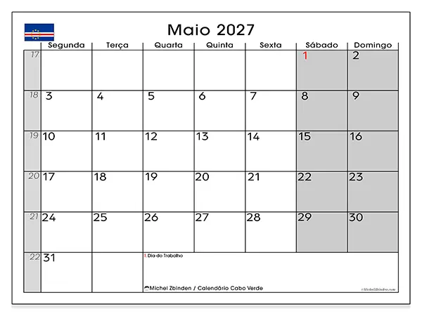 Calendário de maio de 2027 para imprimir - Cabo Verde