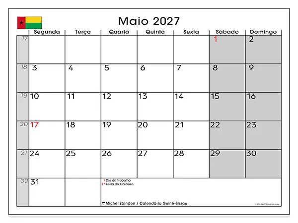 Calendário de maio de 2027 para imprimir - Guiné-Bissau