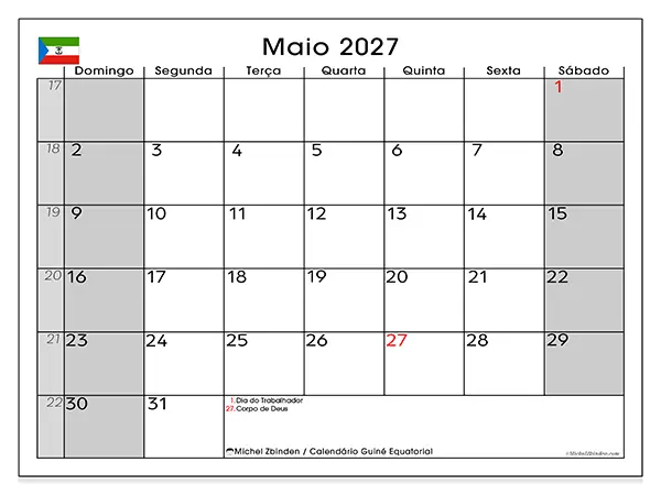 Calendário de maio de 2027 para imprimir - Guiné Equatorial