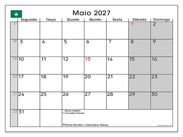 Calendário de maio de 2027 para imprimir - Macau
