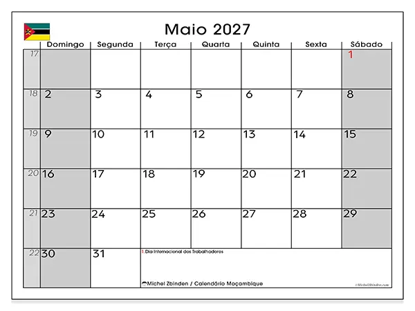Calendário de maio de 2027 para imprimir - Moçambique