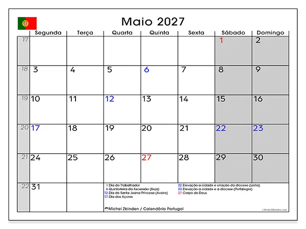Calendário de maio de 2027 para imprimir - Portugal