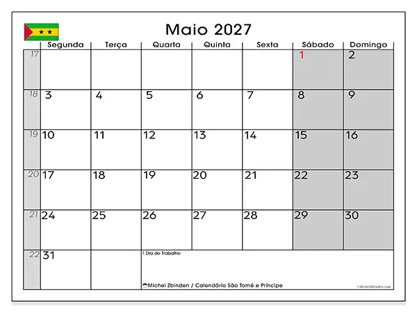 Calendário de maio de 2027 para imprimir - São Tomé e Príncipe