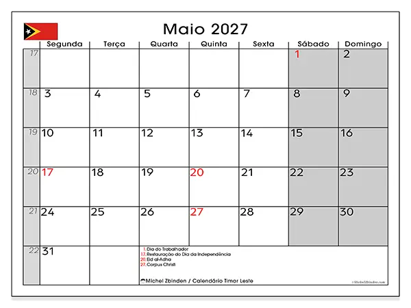 Calendário de maio de 2027 para imprimir - Timor Leste