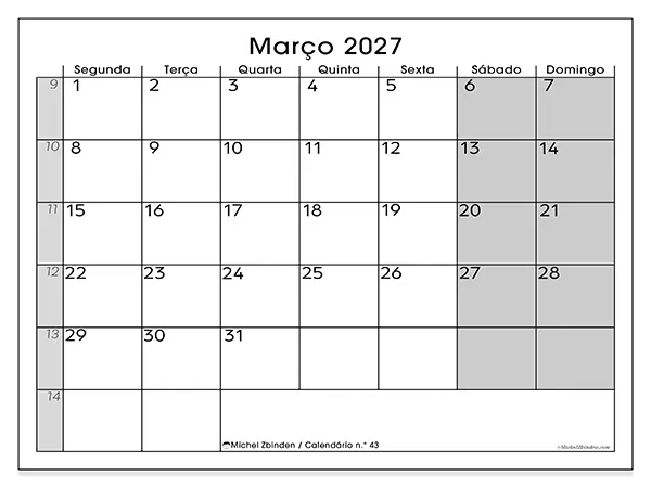 Calendário de março de 2027 para imprimir - Organização perfeita