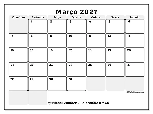 Calendário de março de 2027 para imprimir - Planeamento estruturado - Semana de domingo a sábado