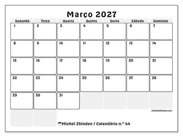 Calendário de março de 2027 para imprimir - Planeamento estruturado