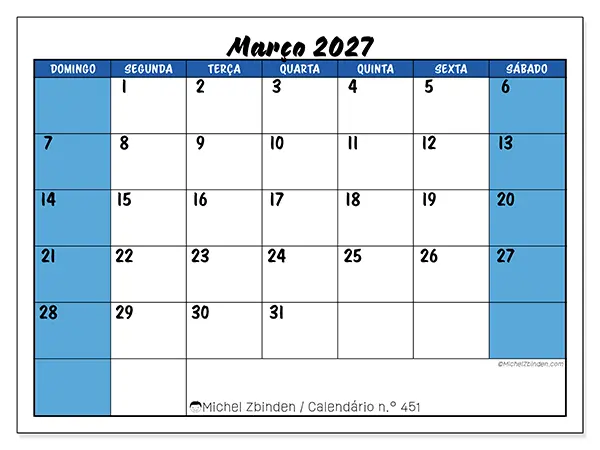 Calendário de março de 2027 para imprimir - Organização dinâmica - Semana de domingo a sábado