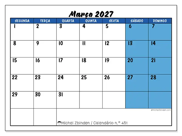 Calendário de março de 2027 para imprimir - Organização dinâmica