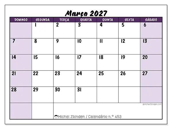 Calendário de março de 2027 para imprimir - Eficiência colorida - Semana de domingo a sábado