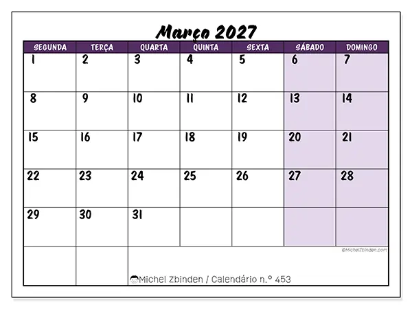 Calendário de março de 2027 para imprimir - Eficiência colorida