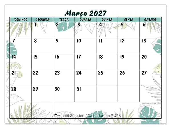Calendário de março de 2027 para imprimir - Natureza e jardim - Semana de domingo a sábado