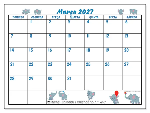 Calendário de março de 2027 para imprimir - Pequenos elefantes - Semana de domingo a sábado