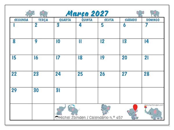 Calendário de março de 2027 para imprimir - Pequenos elefantes