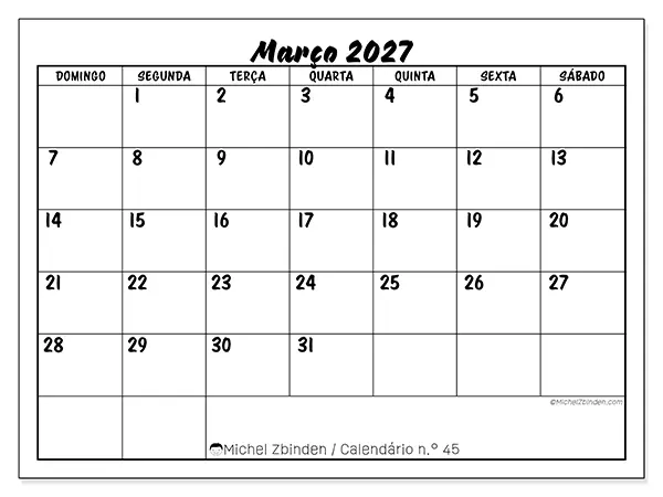Calendário de março de 2027 para imprimir - Sucesso escolar - Semana de domingo a sábado