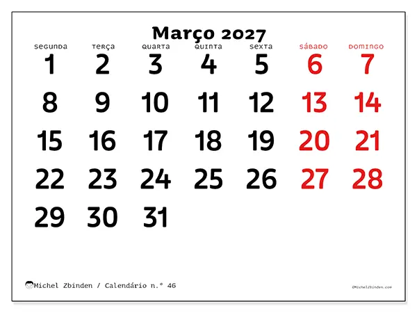 Calendário de março de 2027 para imprimir - Visão clara