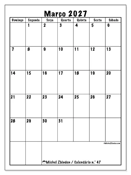 Calendário de março de 2027 para imprimir - Planeamento eficiente - Semana de domingo a sábado