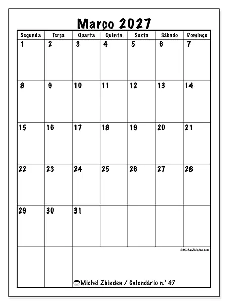 Calendário de março de 2027 para imprimir - Planeamento eficiente