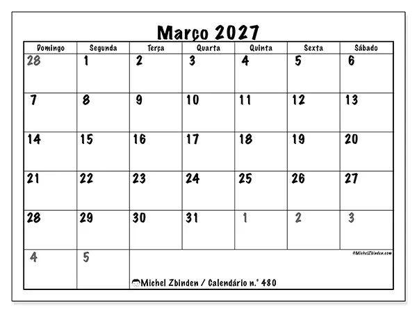 Calendário de março de 2027 para imprimir - Planeamento completo - Semana de domingo a sábado
