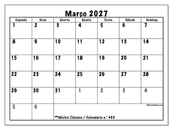 Calendário de março de 2027 para imprimir - Planeamento completo