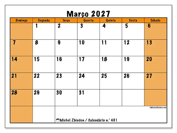 Calendário de março de 2027 para imprimir - Planeamento dinâmico - Semana de domingo a sábado