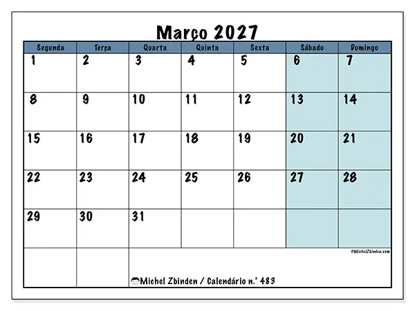 Calendário de março de 2027 para imprimir - Estrutura para a escola