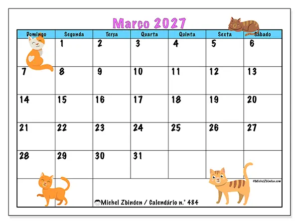 Calendário de março de 2027 para imprimir - Amor pelos gatos - Semana de domingo a sábado