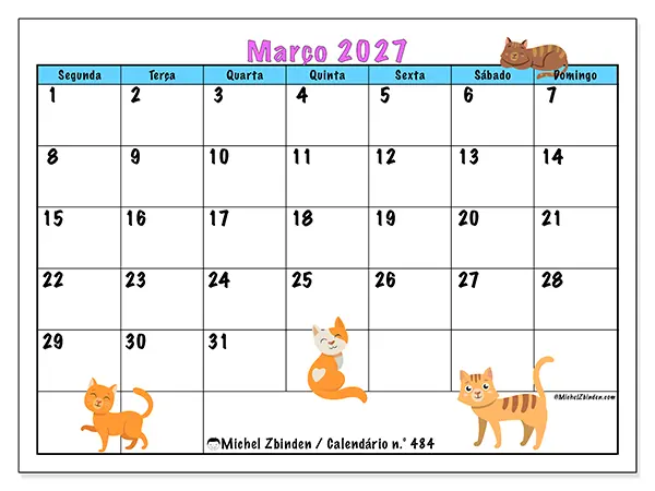 Calendário de março de 2027 para imprimir - Amor pelos gatos