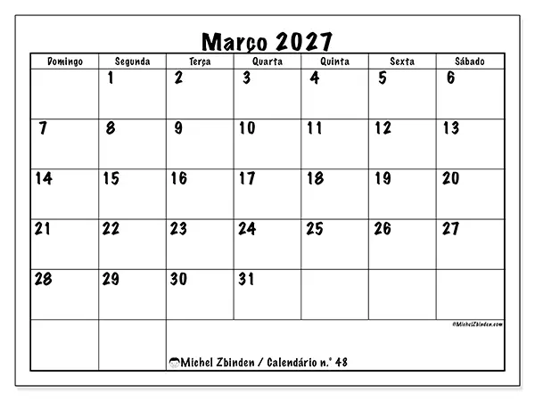 Calendário de março de 2027 para imprimir - Eficiência diária - Semana de domingo a sábado