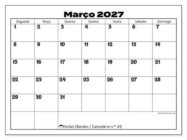 Calendário de março de 2027 para imprimir - Coordenação produtiva