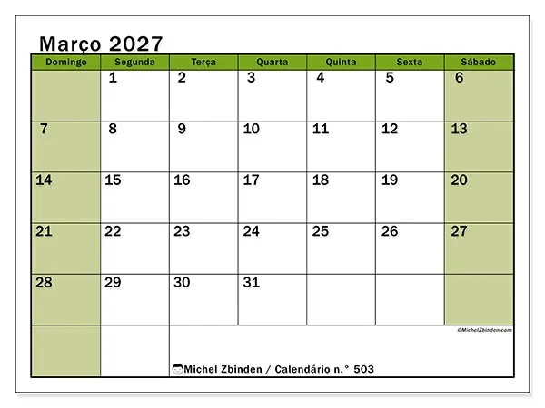 Calendário de março de 2027 para imprimir - Organização viva - Semana de domingo a sábado