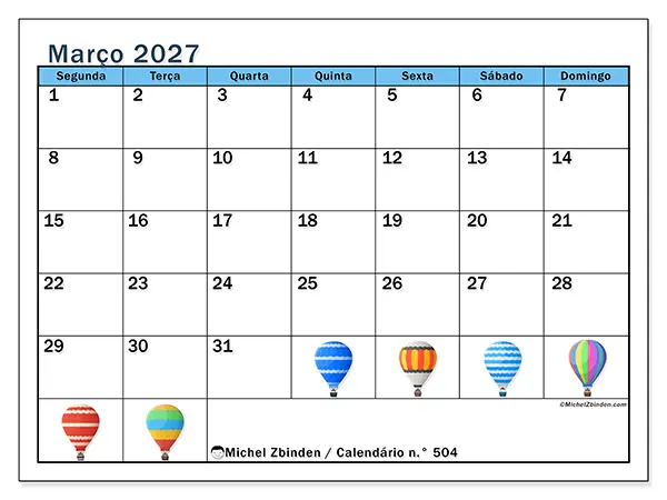 Calendário de março de 2027 para imprimir - Balões de ar quente