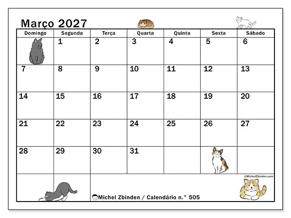 Calendário de março de 2027 para imprimir - Vida de gato - Semana de domingo a sábado