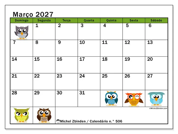 Calendário de março de 2027 para imprimir - Corujas divertidas - Semana de domingo a sábado