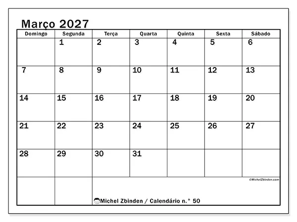 Calendário de março de 2027 para imprimir - Planeamento ideal - Semana de domingo a sábado