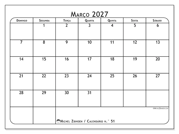 Calendário de março de 2027 para imprimir - Planeador de refeições - Semana de domingo a sábado