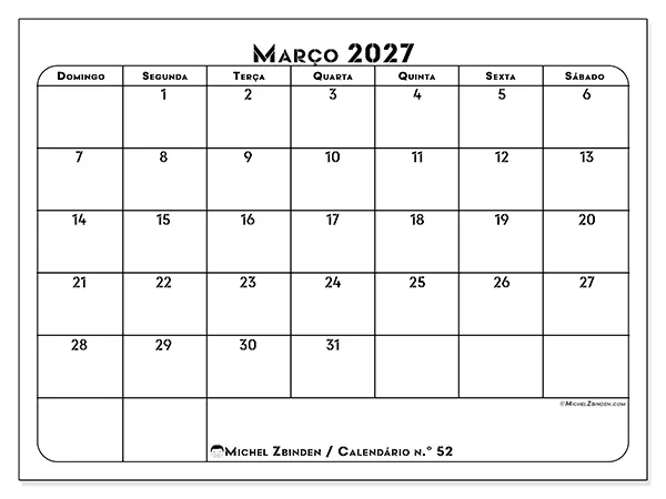 Calendário de março de 2027 para imprimir - Organização profissional - Semana de domingo a sábado