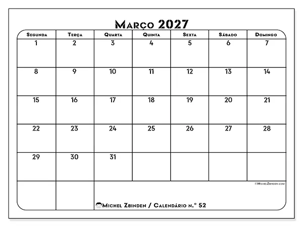 Calendário de março de 2027 para imprimir - Organização profissional
