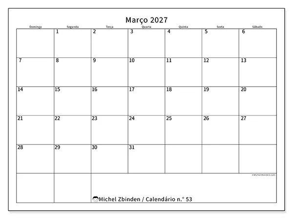 Calendário de março de 2027 para imprimir - Horário eficiente - Semana de domingo a sábado
