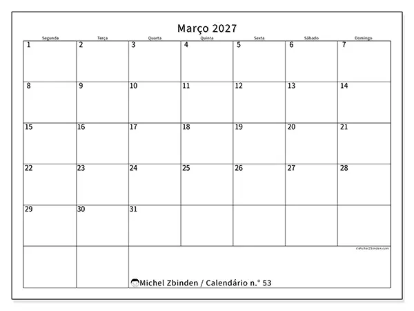 Calendário de março de 2027 para imprimir - Horário eficiente