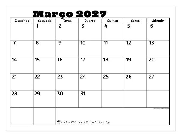 Calendário de março de 2027 para imprimir - Atividades em família - Semana de domingo a sábado